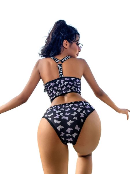 

butterfly print contrast letter tape lingerie set i62a#, Black;red