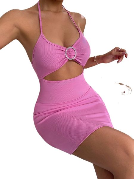 

ring linked cut out tie backless halter bodycon dress f4en#, Black;gray