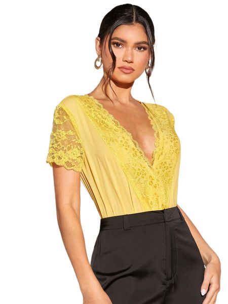 

contrast lace v neck bodysuit y6sm#, White