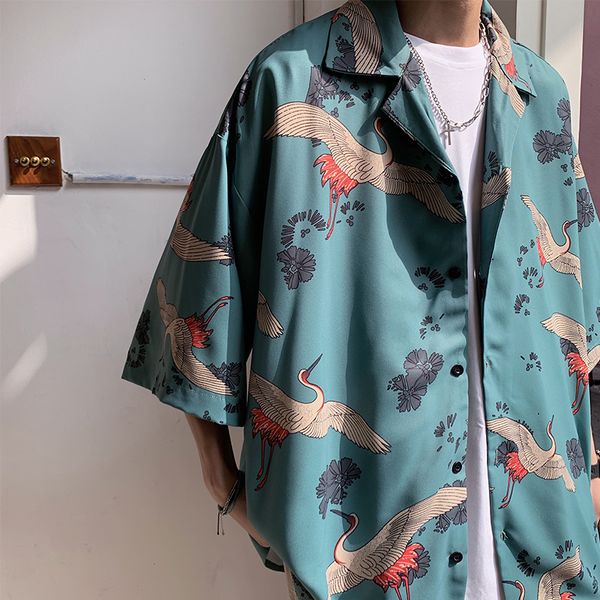 Camicia da uomo con stampa di gru Harajuku estate vintage abbottonata manica corta camicie casual uomo cinese chic hip-hop moda camicette lisce