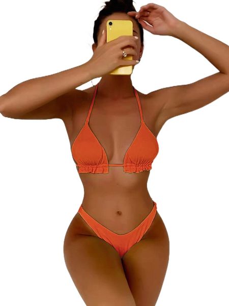 

rib frill trim halter triangle bikini swimsuit r5cs#, White;black