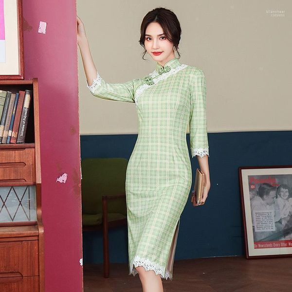 Ethnische Kleidung Dame enge kurze sexy cheongsam elegant mandarin hals chinesisches traditionelles kleid wildleder grün qipao plus size 3xl vesti