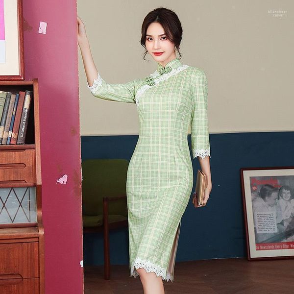 Abbigliamento etnico Lady Stretto Corto Sexy Cheongsam Elegante colletto alla coreana Abito tradizionale cinese Abito scamosciato verde Qipao Plus Size 3XL Vesti