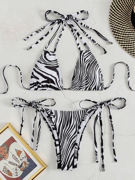 

zebra stripe halter tie side bikini swimsuit k5lc#, White;black
