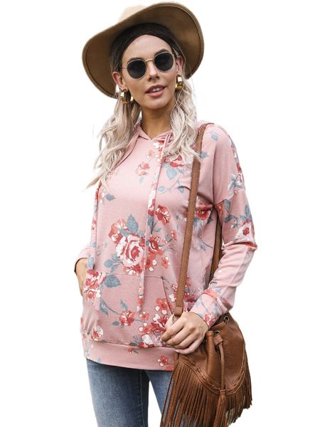 

dearcase kangaroo pocket floral print drawstring hoodie l9cm#, Black