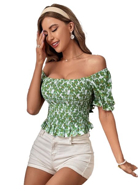 

allover floral print off shoulder puff sleeve shirred ruffle hem blouse u4or#, White