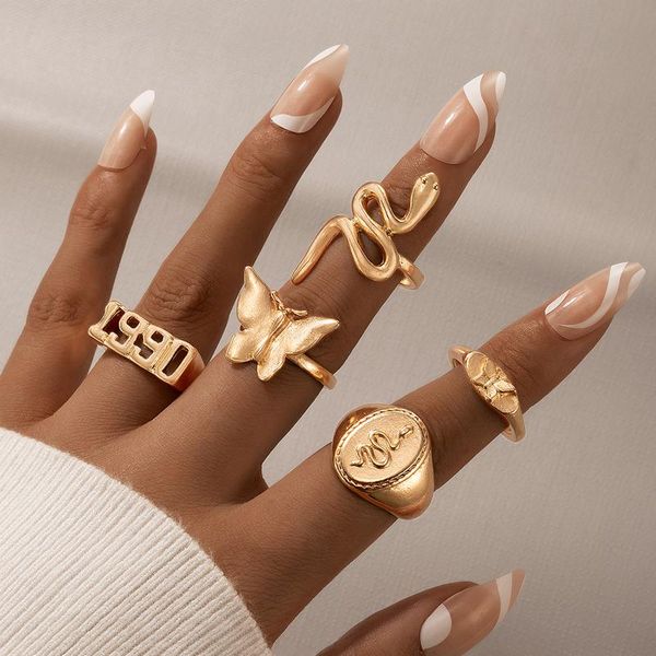 

cluster rings 5pcs/sets pretty butterfly gold ring sets for women letter 1990 snake alloy metal party bohemian jewelry anillo 20458, Golden;silver