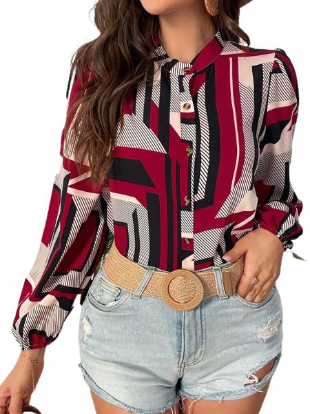 

geo print mock neck lantern sleeve blouse b4bt#, White