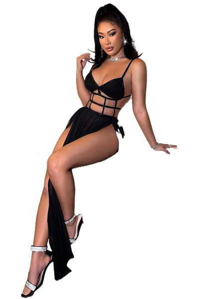 

sxy cut out -slit hem mesh maxi cami dress m9qt#, Black;gray