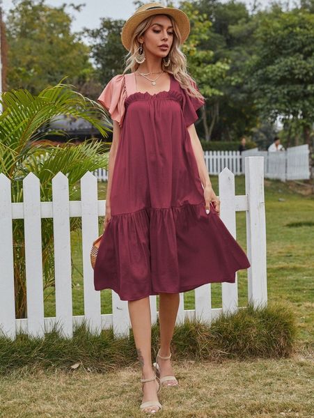 

ruffle trim colorblock smock dress 721m#, Black;gray