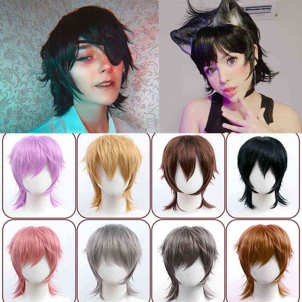 

short straight hair fluffy style mullet head wig 22 color black white purple blue high temperature synthetic party cosplay 220622
