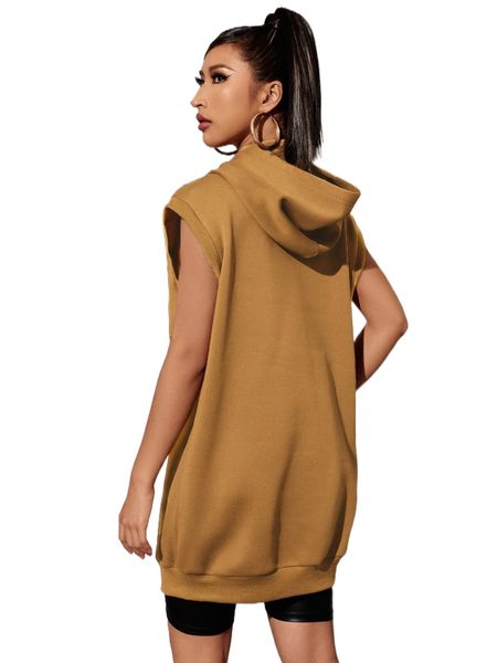 

solid sleeveless longline hoodie x5mr#, Black