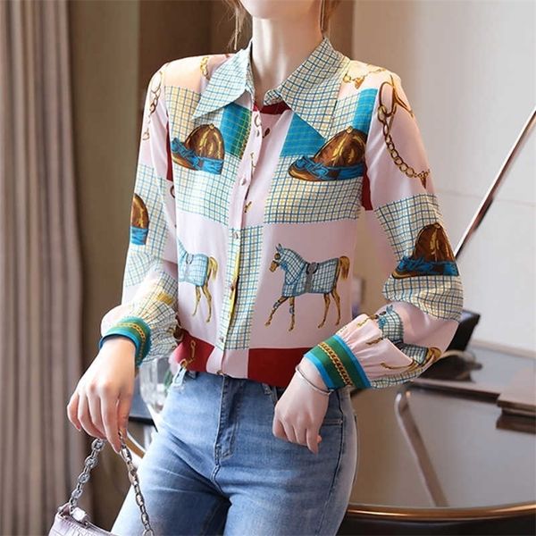 

france style fashion women blouses printing shirts spring summer blouse long sleeve turn-down collar blusas mujer 210702, White