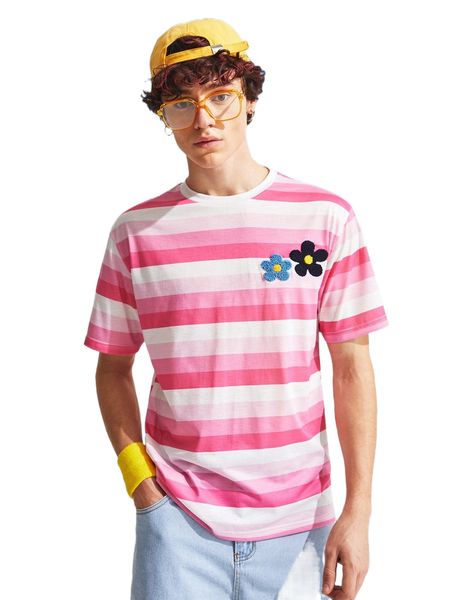 

men random color block floral patched tee 19by#, White;black