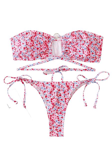 

ditsy floral print lace up bandeau tie side bikini swimsuit 409o#, White;black