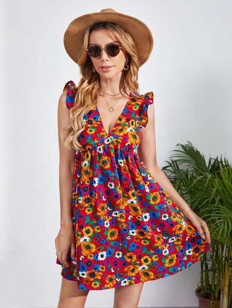 

floral print ruffle trim v-neck dress l4ba#, Black;gray