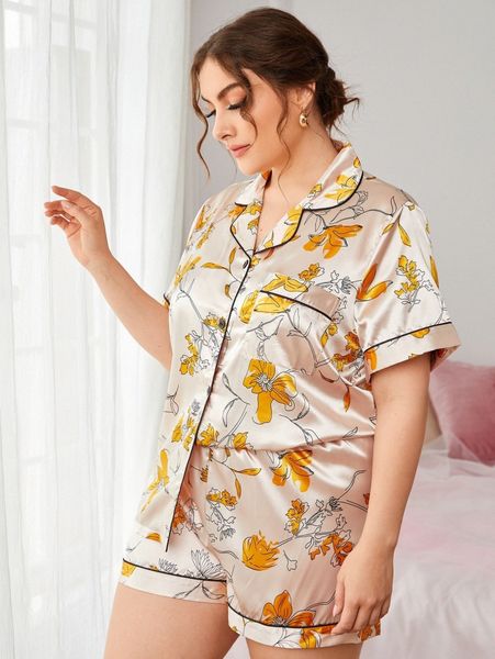 

plus floral print contrast piping satin pj set i0ix#, Black;white