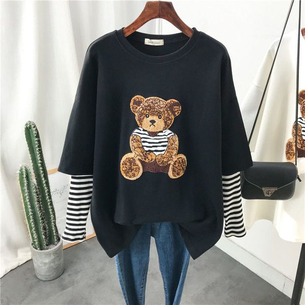 

women t shirt long sleeved t-shirt 2022 spring autumn embroidered little bear cartoon sports fake two-piece loose female top, White