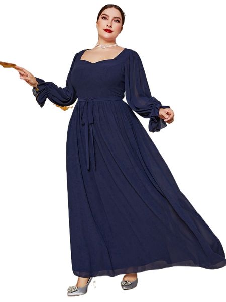 

plus sweetheart neck flounce sleeve belted chiffon prom dress j7t3#, Black