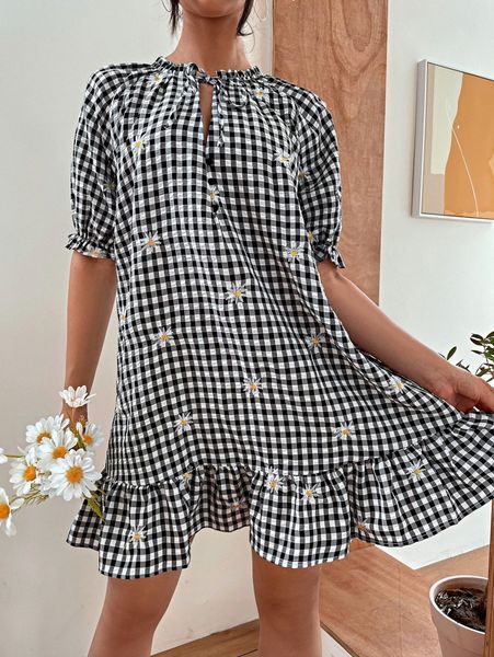 

gingham and floral embroidery tie neck smock dress 13rd#, Black;gray