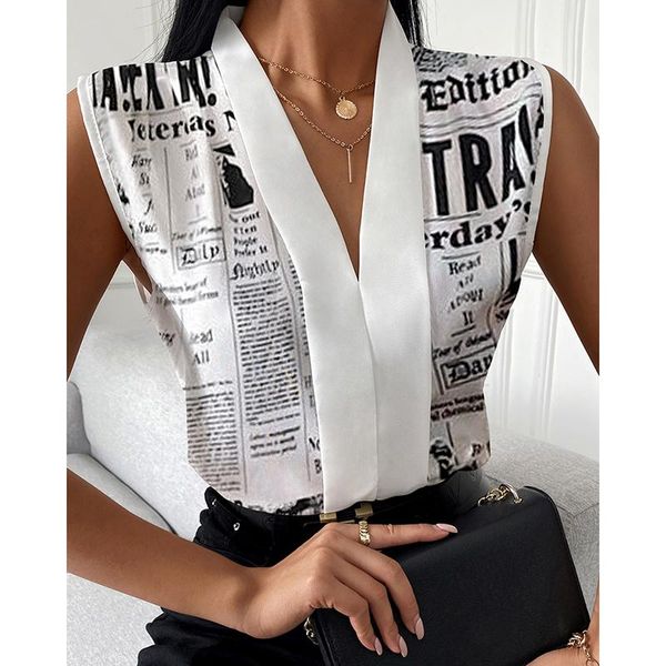 

women's blouses & shirts 2022 women summer fashion female nespaper print v neck long sleevless casual blouse, White