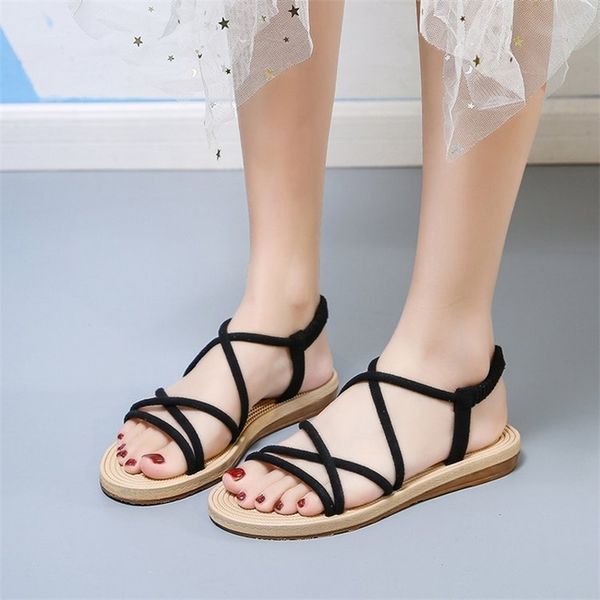 

women sandals ankle elastic band cross-tied hollow out flat summer beach fashion casual roman gladiator ladies black shoes 220423