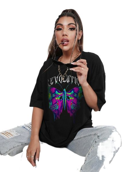 

butterfly and letter graphic drop shoulder tee e8su#, White