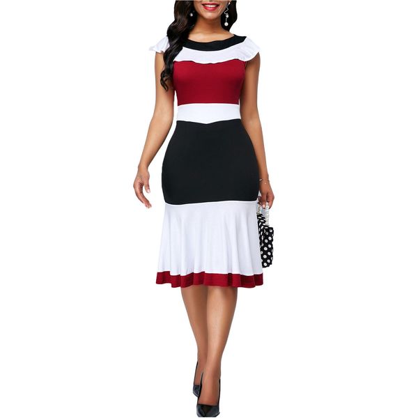 

plus size casual dresses patchwork summer dress women 2022 slim ruffles office a line elegant vintage long party 5xl, Black