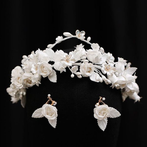 Fermagli per capelli Barrettes Sposa coreana White Rose Bud Hairband Tiara Ear Clip Set Accessori da sposaCapelli