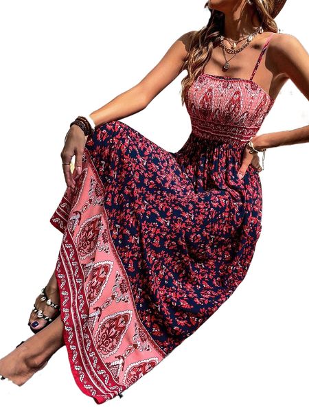 

floral print shirred maxi cami dress i488#, Black;gray
