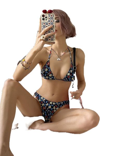 

ditsy floral halter triangle bikini swimsuit 48kw#, White;black