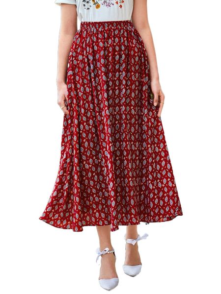 

allover leaf print flare skirt b2ra#, Black