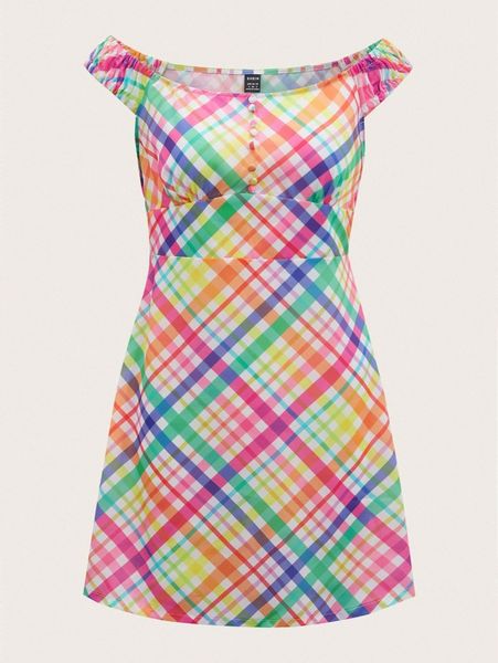 

off shoulder button front plaid a-line dress f0az#, Black;gray