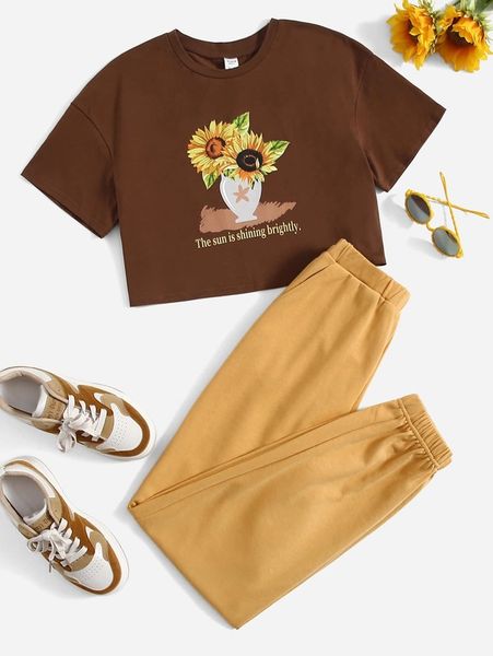 

teen girls slogan & sunflower print tee & joggers she, White