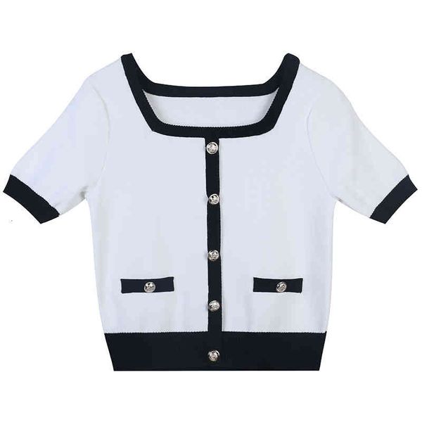 

women's sweaters early spring 2022 stripe color matching single breasted design celebrity xiaoxiangfeng slim fit square neck pullover w, White;black