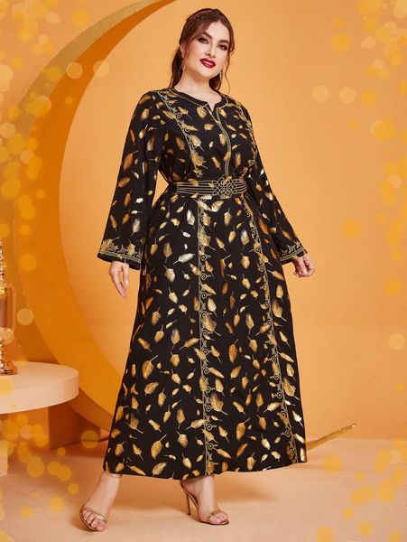 

plus gold feather print scroll embroidery notched neck belted dress f3cu#, Black