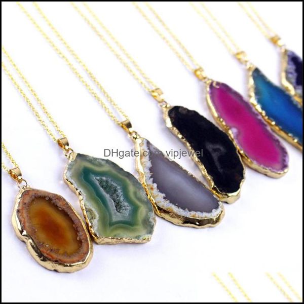 Colares pendentes pingentes jóias naturais druzy geode slice ágata colar de cristal de cristal banhado a ouro dhddf