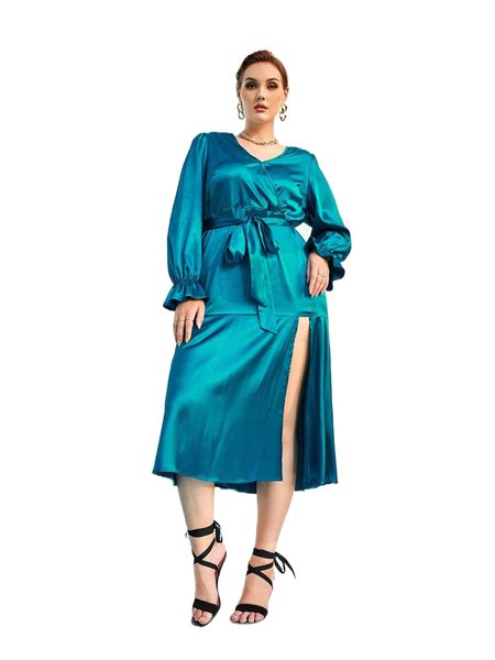 

plus ruffle hem split thigh belted flounce sleeve satin dress j3ph#, Black