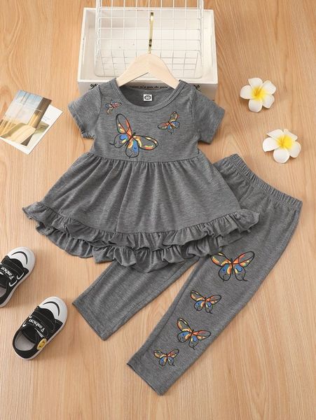 

toddler girls ruffle hem print tee & pants she, White