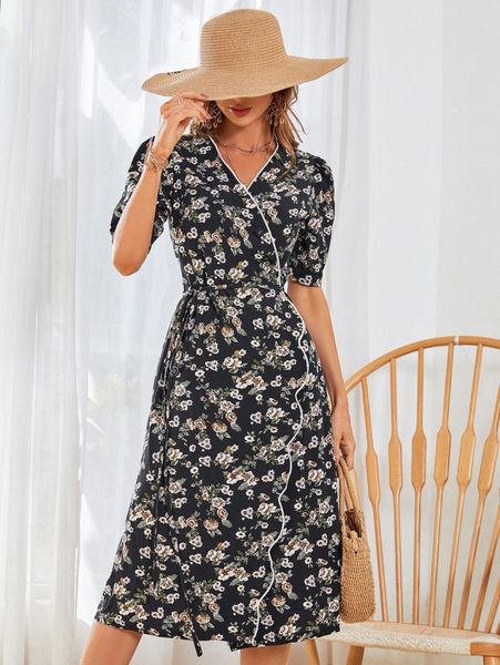 

floral print slit hem dress b5yb#, Black;gray