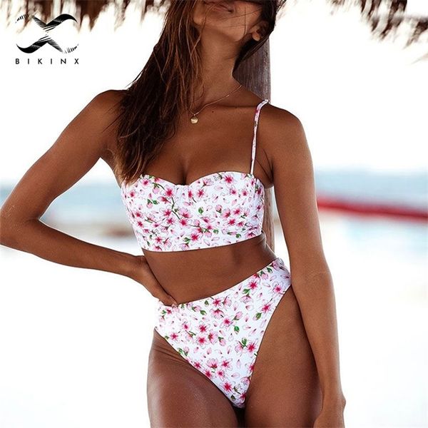 Blumendruck-Bikini 2020 Bandeau-Badeanzug weiblich Hohe Taille Badebekleidung Frauen Bandage Badeanzug Sommerbadegäste Badeanzug neu T200708