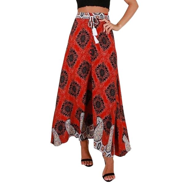 

skirts women's bohemia print high waist long skirt maxi floral beach female chic vintage summer v7ip#, Black