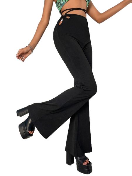 

cut out crisscross tie back flare leg pants q0bw#, Black;white