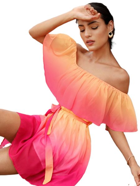 

o.ff s.houlder o.mbre print r.uffle b.elted d.ress i9np#, Black;gray