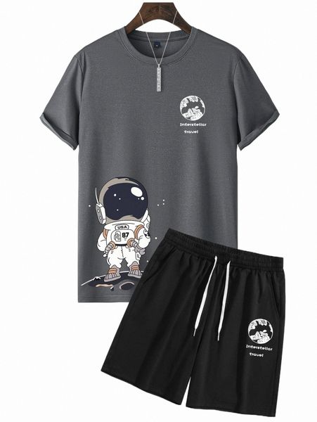 

men astronaut & slogan graphic tee & drawstring shorts y15v#, Gray