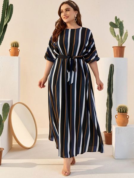 

plus rolled cuff belted striped dress r28r#, Black