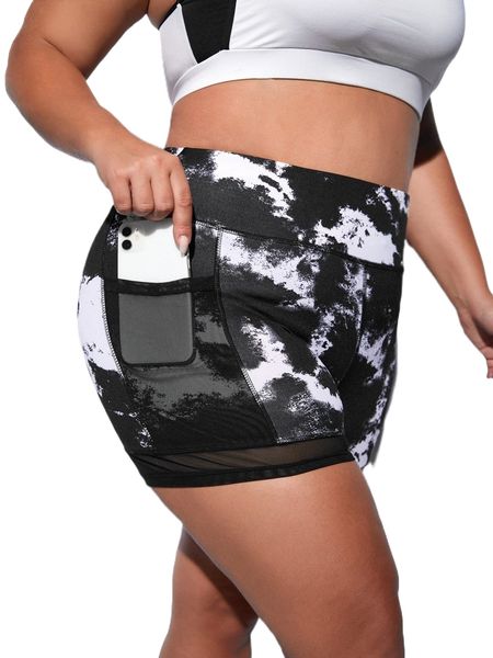 

plus tie dye wideband waist sports biker shorts with phone pocket b6np#, Black