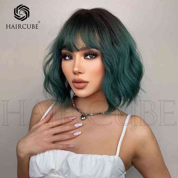

synthetic wigs style women qi bangs black gradient green medium long curly wig high temperature silk material daily application 220527