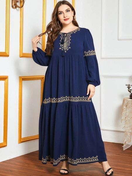 

plus embroidered tie neck babydoll dress q2kr#, Black