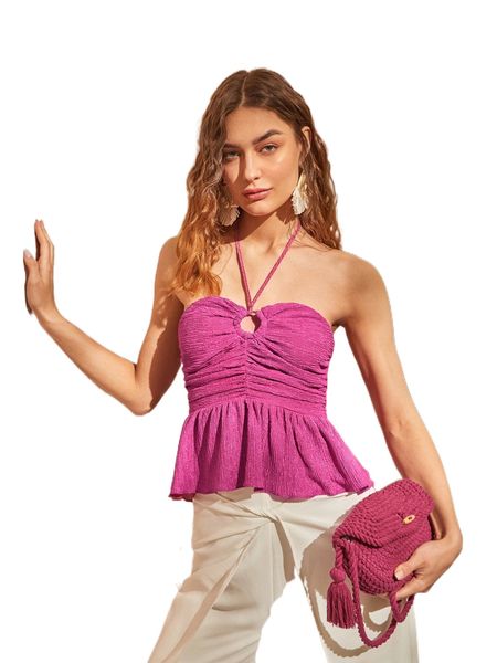 

ring ruched front ruffle hem halter i1ik#, White